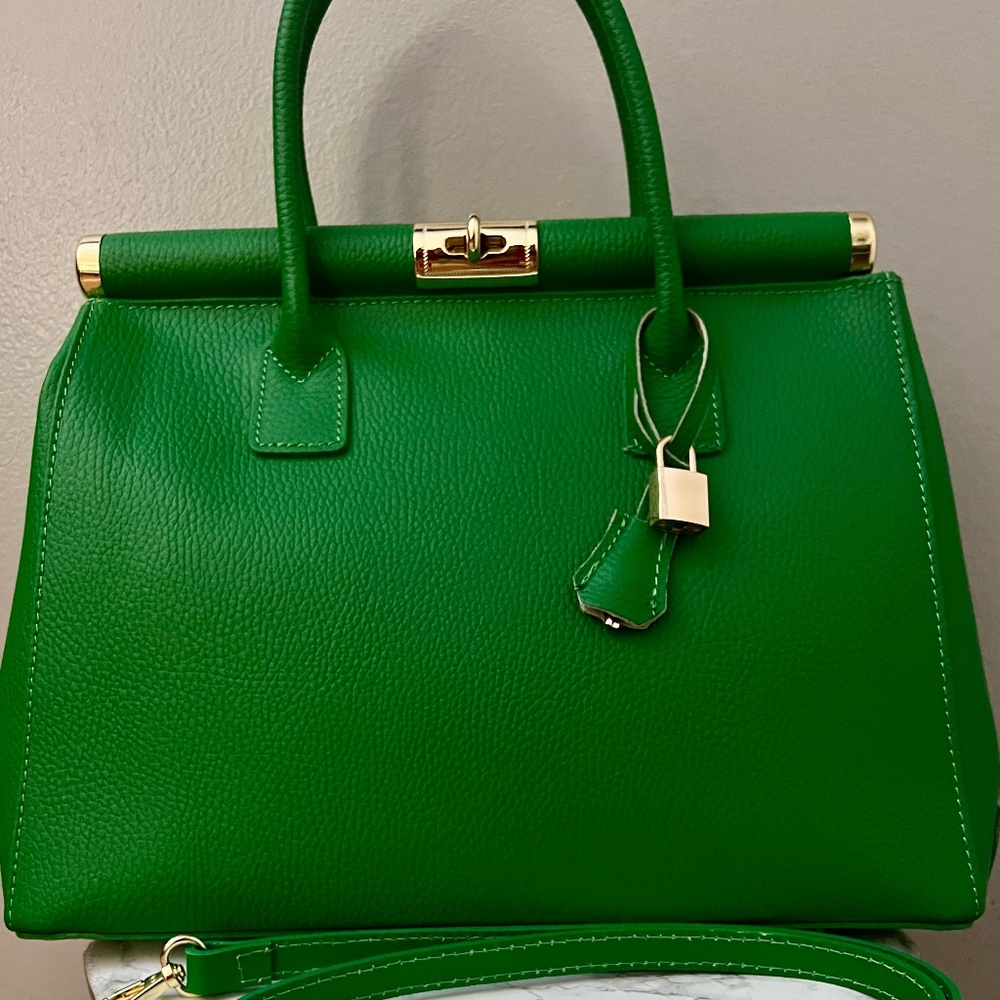 Classic Green Structured Satchel with Gold Accent